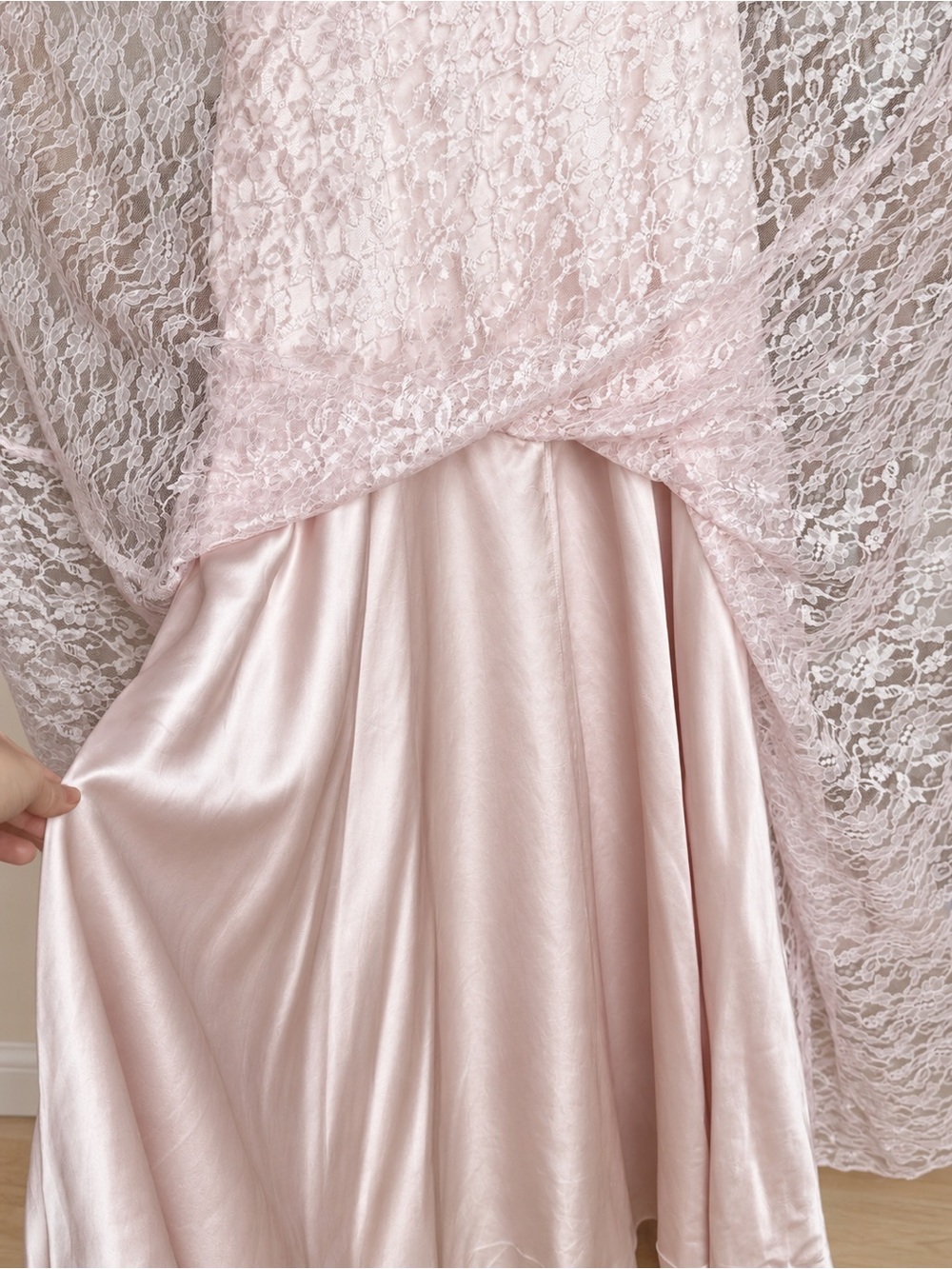 Vintage 80s Pink Satin Lace Maxi Dress Puff Sleeve Prom Gown Made in USA - Picture 4 of 6